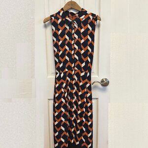 HOBBS London Geometric Buttoned Sleeve Dress w/ Collar and Tie Waist Size US 8